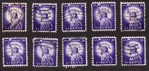 1954, US 3c, Statue of Liberty, Used, Lot of 10, Scott #1035