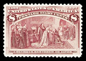 Scott 236 1893 8c Magenta Columbian Issue Mint XF OG NH Perf Thin Cat $140