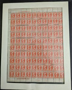 EDW1949SELL : USA 1873 Scott #O16 Very Rare Full Sheet of 100 Catalog $12,400+++