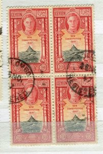 CEYLON; 1947 early GVI Constitution issue fine used BLOCK of 4, 10c.