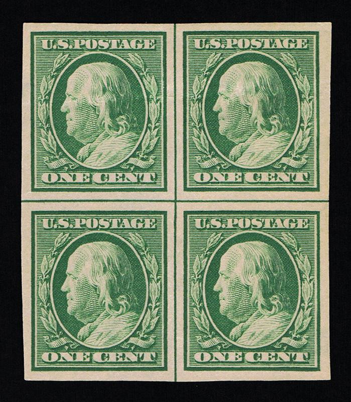 GENUINE SCOTT #383 F-VF MINT OG NH 1910 CENTER LINE BLOCK - ESTATE SALE