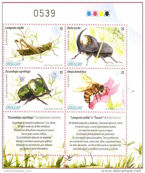 Uruguay just issued 2013 insect stamp set Bee Honeybees beatle locust MNH