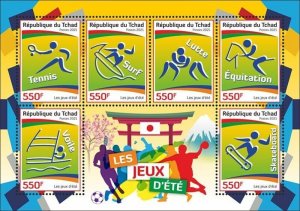 Chad - 2021 Summer Games, Tennis, Surfing - 6 Stamp Sheet - TCH210437a