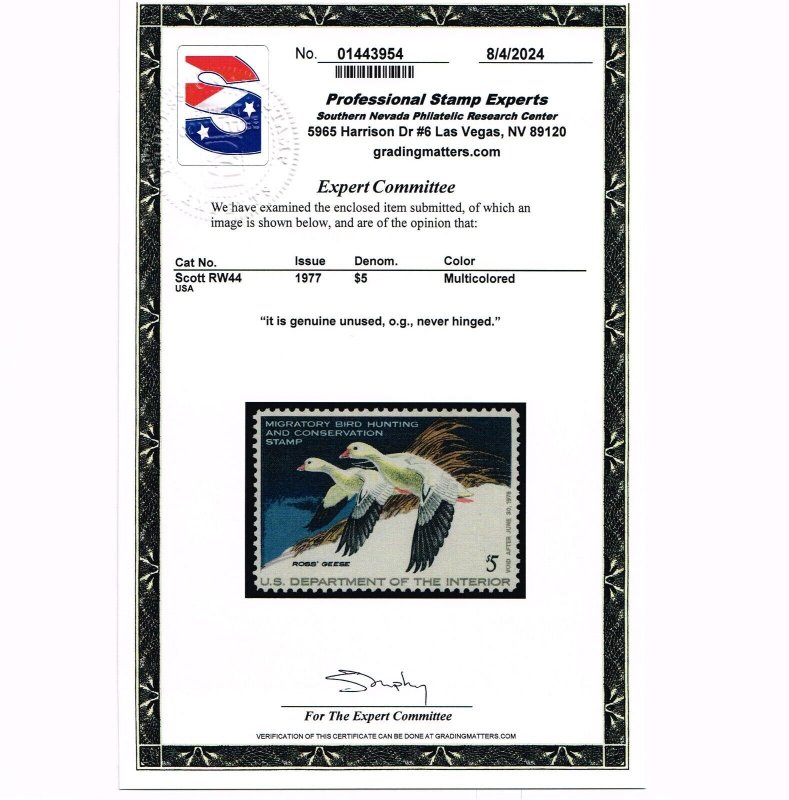 EXCELLENT GENUINE SCOTT #RW44 VF-XF MINT PRISTINE OG NH 1977 DUCK STAMP PSE CERT