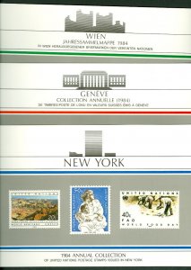 UNITED NATIONS 1984 YEARSETS w/souvenir folder, NY, Geneva & Vienna