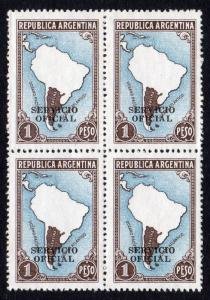 Argentina 1951 MAP OF SOUTH AMERICA Block of 4 Ovpt. SO Perforated Mint (NH)