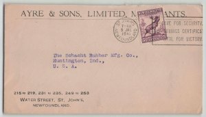 Newfoundland 1941 Ayre & Sons 5c Caribou Perfin Advertising Cover St. Johns USA