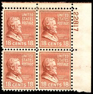 US #823 18c Grant, PLATE BLOCK, VF/XF mint hinged, nice top right plate