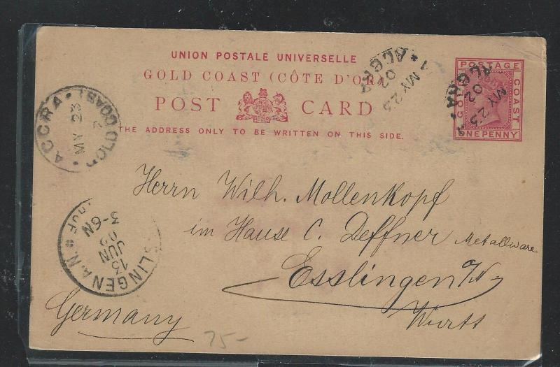 GOLD COAST (P1106B) 1902 QV 1D PSC FROM  ACCRA TO GERMANY WITH MSG