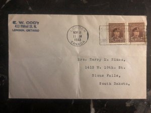 1943 London Canada Cover to Sioux Falls SD USA Perfin Stamps