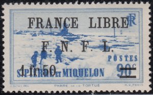 St Pierre et Miquelon 1942 MH Sc #252 1.50fr on 90c with log-on-ice variety