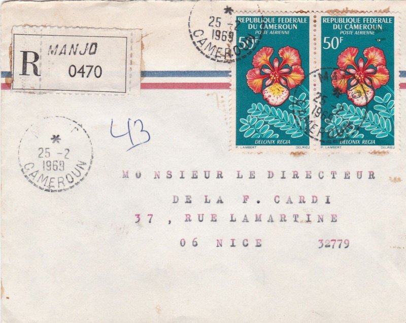 French Colonies Regd MANJO Air Mail 1969 Delonix Regia Stamps Cover Ref 44691