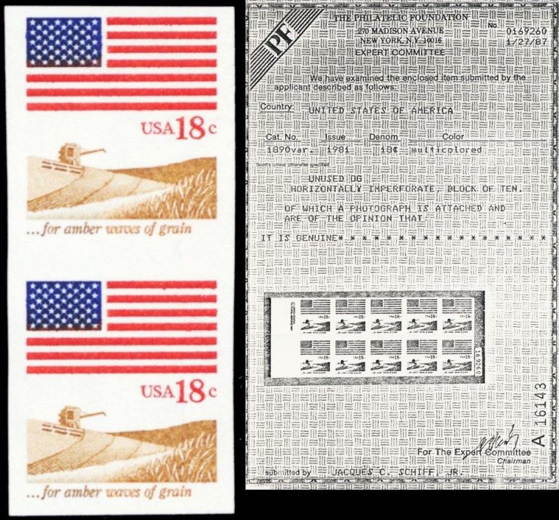 1890b, MNH 18¢ Flag Vertical Pair Imperforate Horizontal ERROR PFC - Stuart Katz