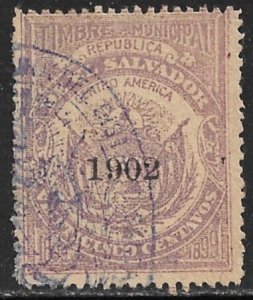 EL SALVADOR 1902 25c ARMS Municipal Revenue Ross M69 VFU