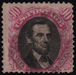 US Scott #122 - F - Used - 90c Lincoln - Pictorial - Carmine & Black - 1869