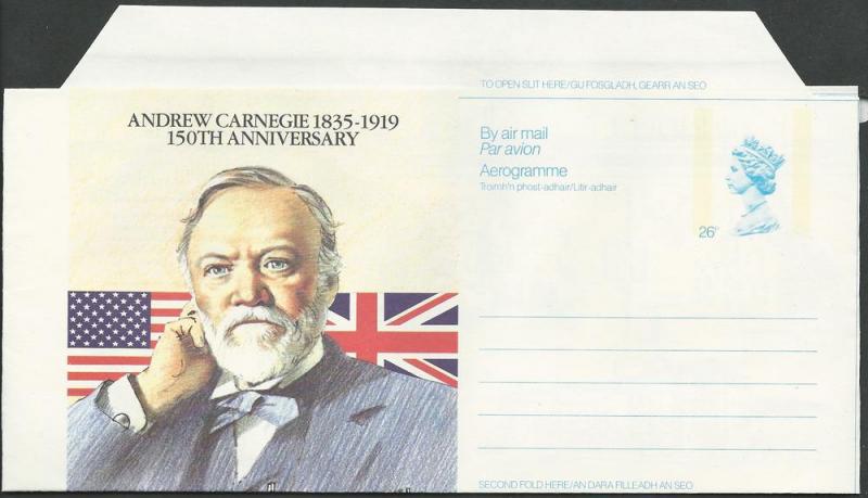 Great Britain Scotland Andrew Carnegie Aerogramme APS62   (1) Mint