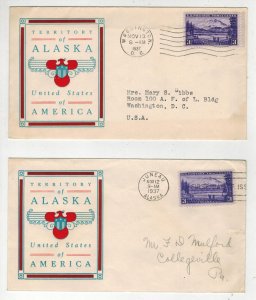 1937 ALASKA TERRITORY 800-26 SET OF 2 MATCHING CACHETS FDC + D.C. CANCELS