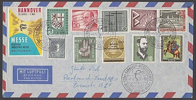 GERMANY 1957 airmail cover - great franking + cinderella....................B320