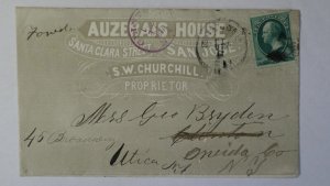 1877 San Jose CA Auzerais House Churchill Shaded Ad 3c Bank Note Utica NY Cover
