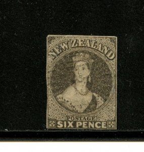 New Zealand #14d (N158) Queen Victoria imperf, 6p black brown, U,LC,F-VF,CV$130.