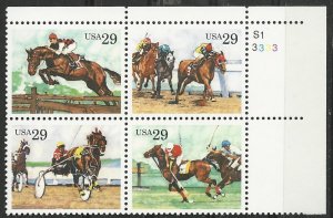 USA # 2759a Sport Horses Plt.Blk/4 S1-3333 UR  (1) Mint NH