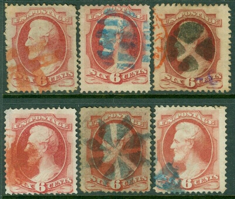 EDW1949SELL : USA 1869 Scott #148. 6 stamps. Used 3 Red, 3 Blue cancels Cat $169