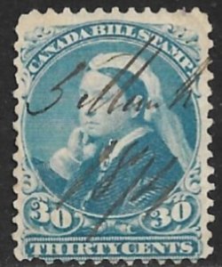 CANADA 1868 QV 30c Blue BILL STAMP REVENUE VDM. FB49 Used