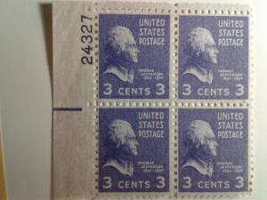 SCOTT # 807 MINT NEVER HINGED PLATE BLOCK 1938