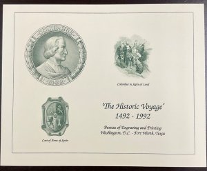 BEP B160  Souvenir Card Green Columbus Voyage - Beautiful Vignette 1992