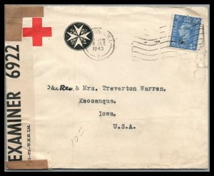 Great Britain 1943 Red Cross CENSORED cover to Keosanqua Iowa