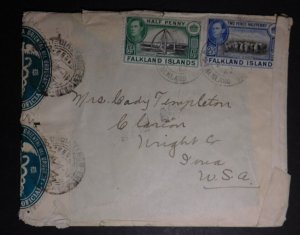 1942 Port Stanley Falkland island Cover to Clarion IA USA Uruguay Censored