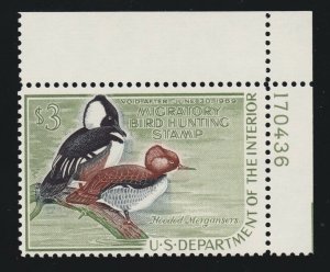 US RW35 $3 Federal Duck Stamp Mint Plate # Single VF-XF OG NH SCV $65