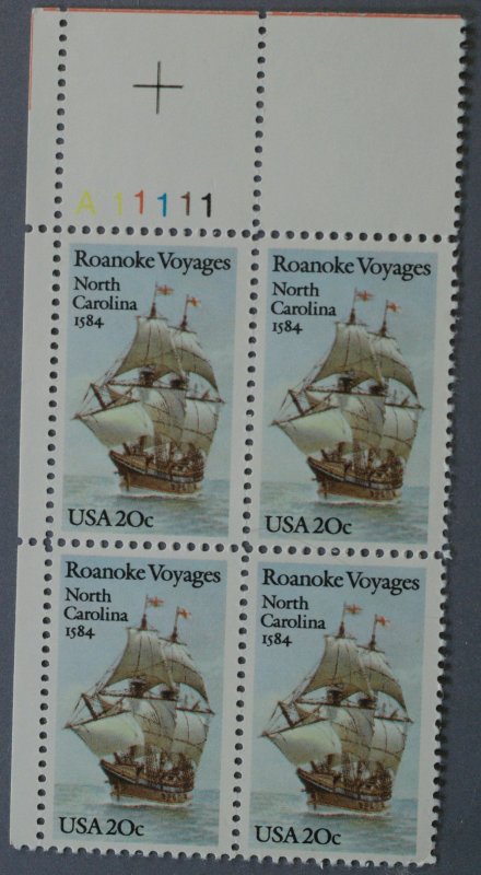 United States #2093 20 Cent Roanoke Voyages Plate Block of Four MNH