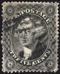 Classic U.S. #36 12c Black 1857 VF Used with Circle Grid Cancel CV $350+