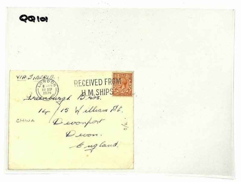 CHINA Station Cover GB NAVAL London *Received HM Ships* 1934 Machine Devon QQ101