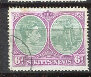 ST. KITTS & NEVIS; 1938 early GVI Pictorial issue used Shade of 6d. value