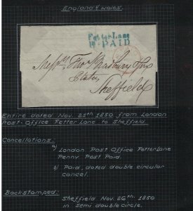 GB Stampless Cover Nov 25 1850 Fetter Lane To Sheffield (1ejd) 