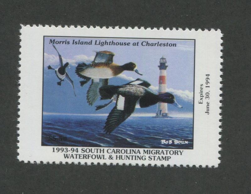 SOUTH CAROLINA #13 1993 STATE DUCK STAMP LESSER SCAUP/LIGHTHOUSE by Bob Bolin