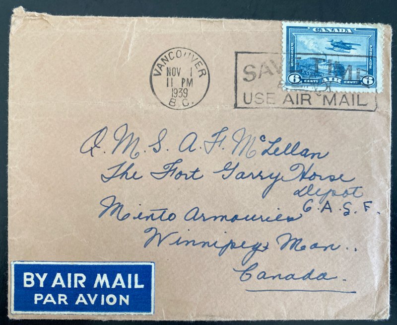 1939 Vancouver Canada Airmail Cover To Fort Garry Horse Winnipeg 