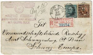 1891 Mount Olive, Illinois cancel on registered cover to Switzerland, watch ad