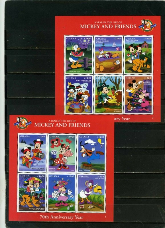 GHANA 1998 DISNEY MICKEY AND FRIENDS 2 SHEETS OF 6 STAMPS & 2 S/S W/INSC. MNH