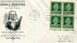 EDSROOM-A28 FDC SCOTT #874 – 1940 FA 1c John James Audubon Block of 4