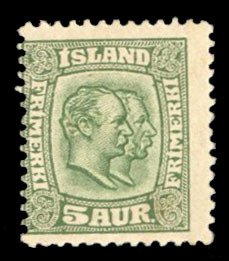 Iceland #74 Cat$95, 1907 5a green, hinged