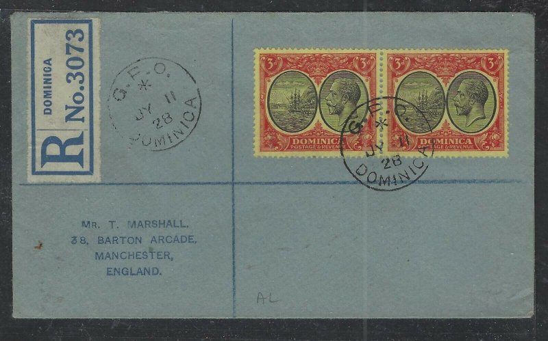 DOMINICA  COVER (P1902B) 1928 KGV 3D BOATX2 ON REG COVER TO ENGLAND