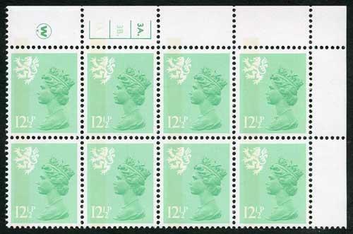 S-JFP12.5A 12.5p Light Emerald Scotland Block of 8 Waddington LB Cyl 3A/3B Dot