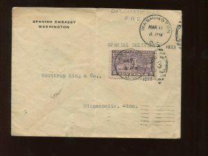 E15 Special Delivery Stamp Free Frank Spanish Embassy Diplomatic Mail COVER