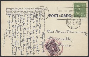 1948 Short Paid Post Card From USA #J15 1c Postage Due Tied Dunnville Ont MOOD