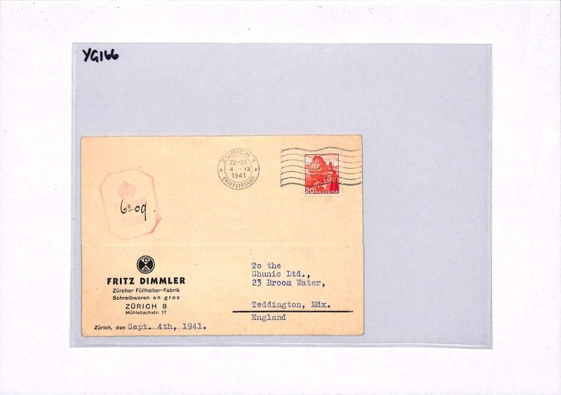 SWITZERLAND Card Zurich GB Middx Teddington WW2 1941 Censor {samwells}YG166
