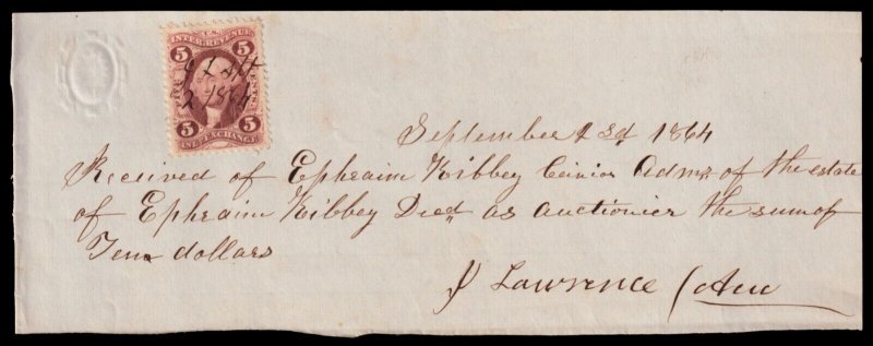 United States Scott R27c on Receipt  (dated September 28, 1864) Used F-VF W
