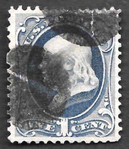 US Scott # 156, 1¢ Franklin, 1873, Ultramarine, tear, Pencil Notes, Fancy Cancel